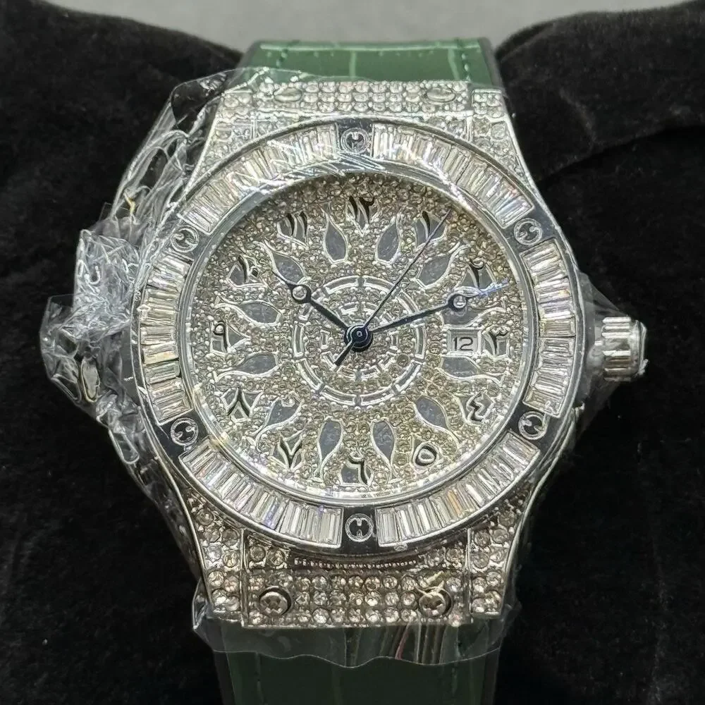 Iced Out Watch Silver Tone Green Leather Band Arabic Dial Baguette Bezel NEW